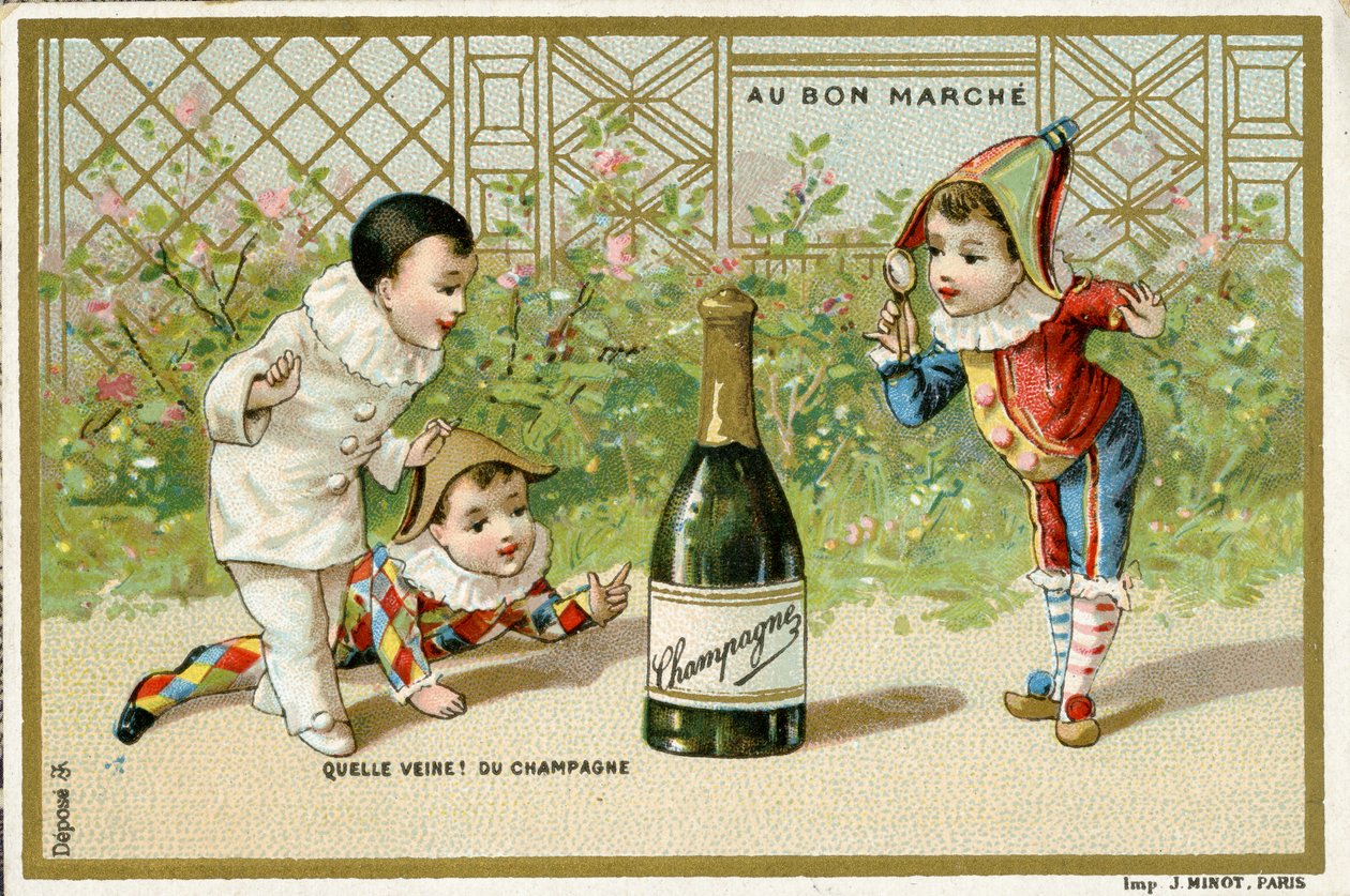 Que sorte! uma garrafa de champanhe, cartão promocional para a loja de departamentos parisiense Au Bon Marché, c.1895 (ver também 488428) de French School