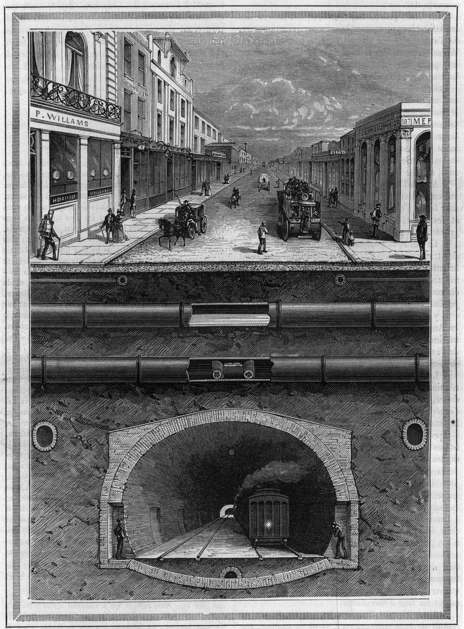 O que está debaixo do pavê de Londres (Grã-Bretanha): Tubo de gás, tubo de água, tubo pneumático para resíduos, esgotos, túnel e linha férrea para áreas metropolitanas. Gravura em "La Nature. Revue des sciences et de ses applications aux arts et à l