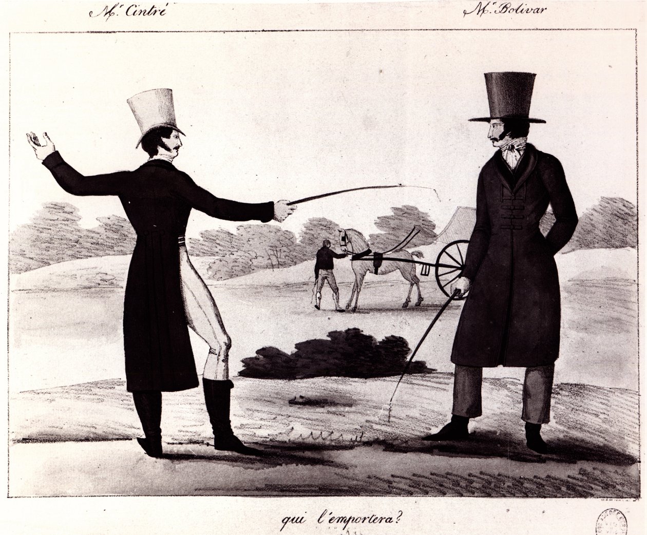 Quem ganhará Cena do duelo entre M. Cintre e M. Bolívar, c.1820 de French School