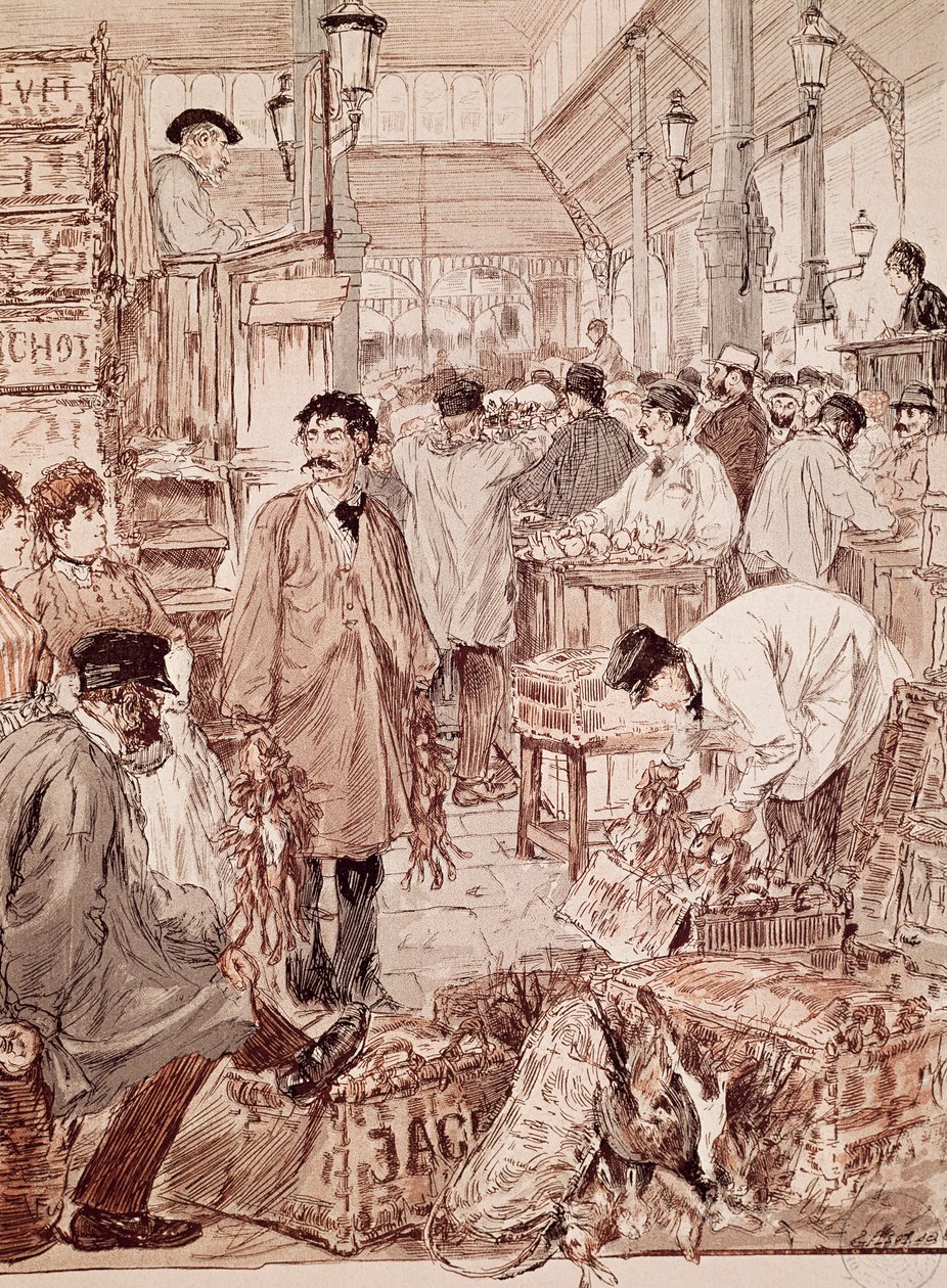 Leilão de caça selvagem em Les Halles, ilustração, Paris, França de French School