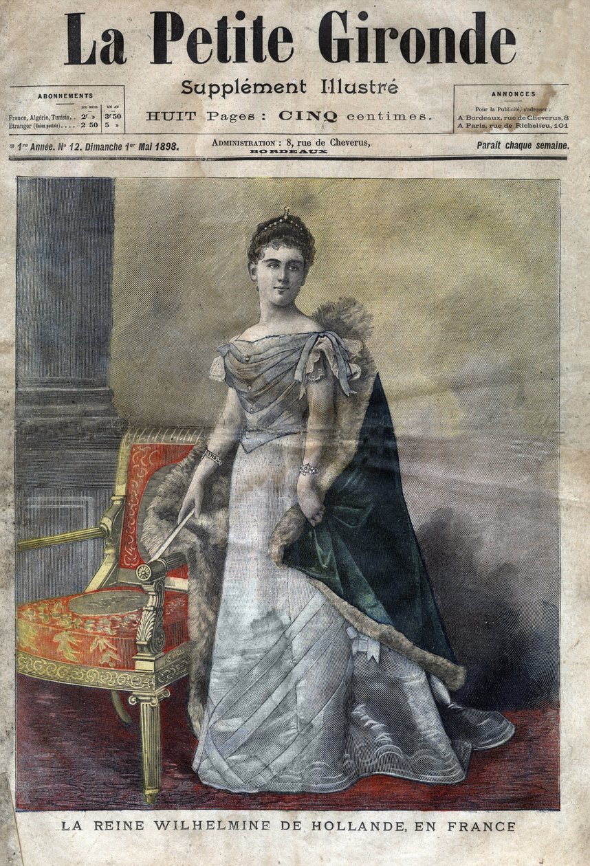Wilhelmine de Orange-Nassau (1880-1962), rainha da Holanda de 1890 a 1948, filha de Guilherme III, abdicou em favor de sua filha Juliana. Capa de "La petite Gironde" de maio de 1898 (gravura) de French School