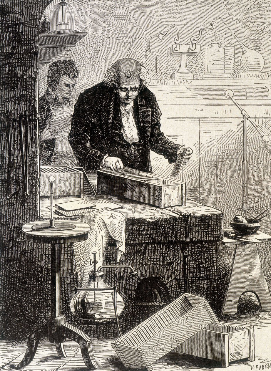 William Cruickshank construiu a pilha de cochos - no "Álbum da Ciência; ilustres estudiosos; Grandes Descobertas" de 1896. de French School