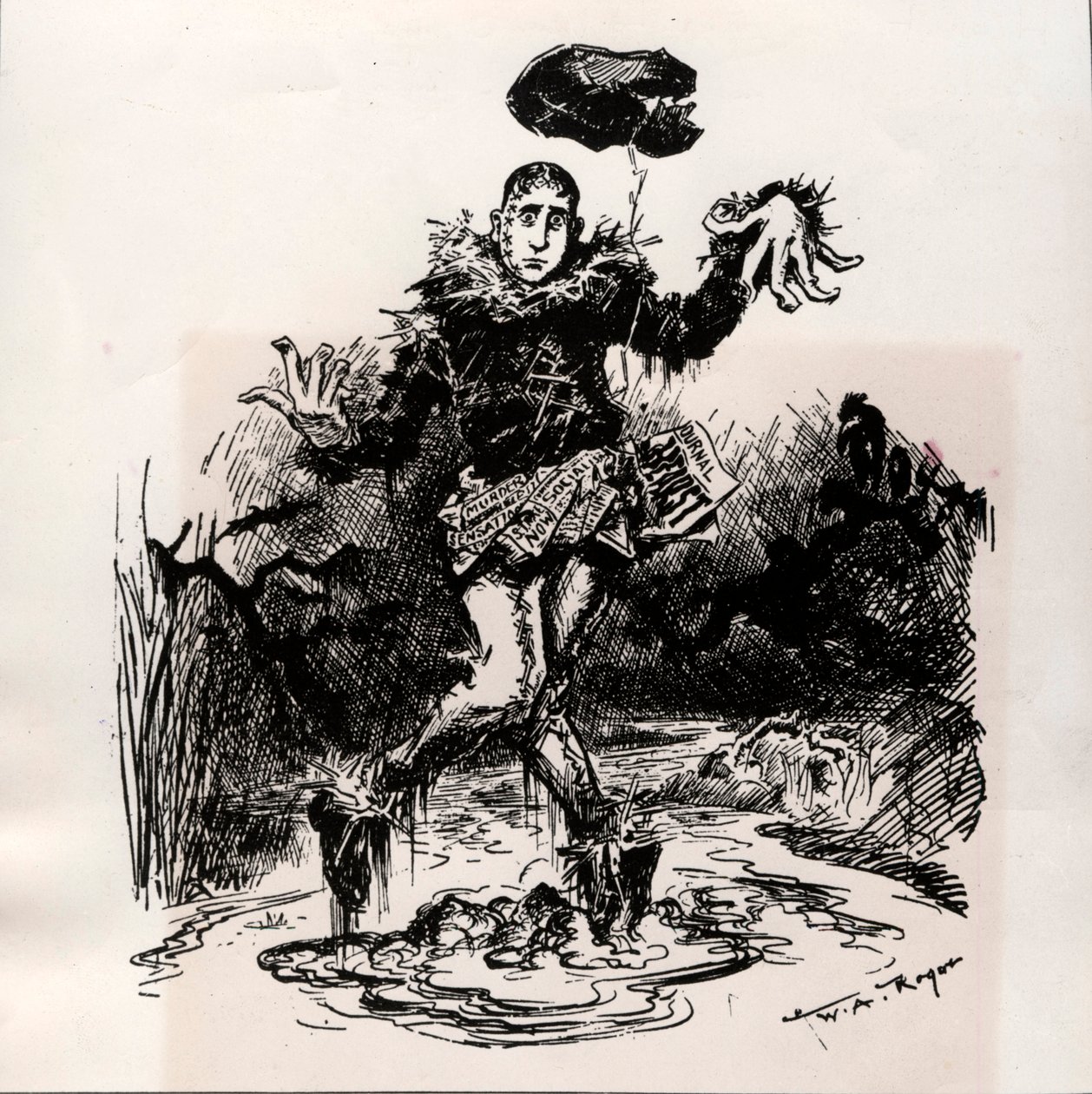 William Hearst, jornalista de imprensa com sensação, representado como espantalho na lama - Caricatura da Harper