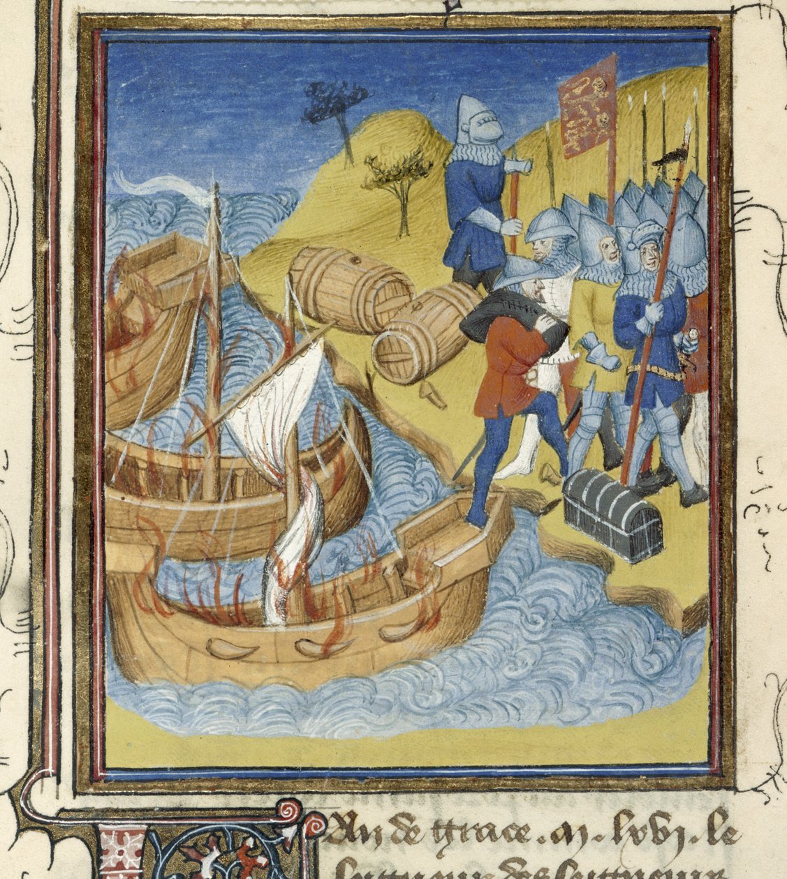 William I aterra com o seu exército e equipamento em Inglaterra (miniatura) de French School