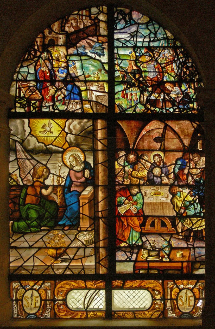 Window Charnier-12, representando Melchisedek, Anunciação, Última Ceia de French School