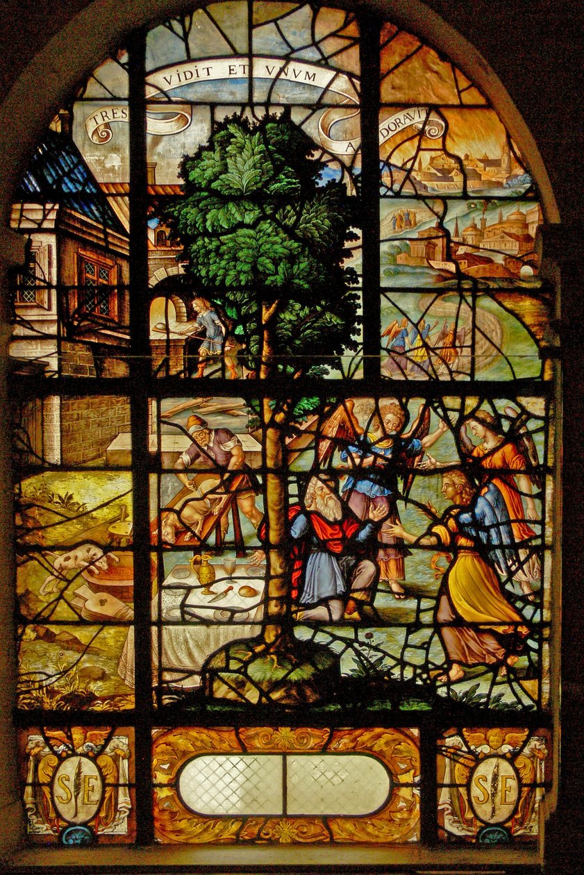 Window Charnier-13 retratando Abraham sendo visitado por 3 anjos de French School