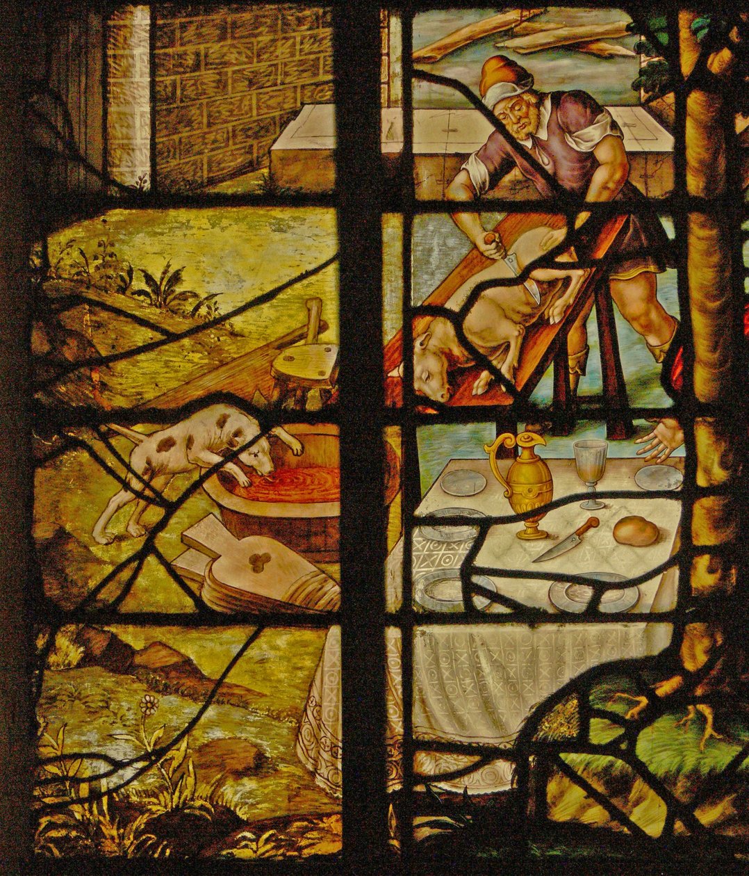 Janela Charnier-13 que retrata a morte do porco (vitral) de French School
