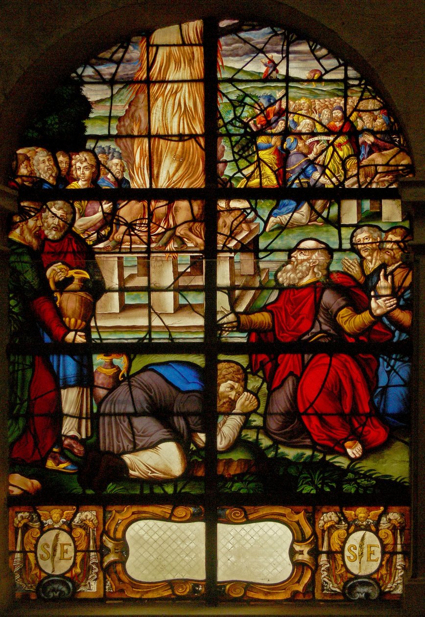 Window Charnier-8, representando o sacrifício de Elias; os sacerdotes de Baal de French School