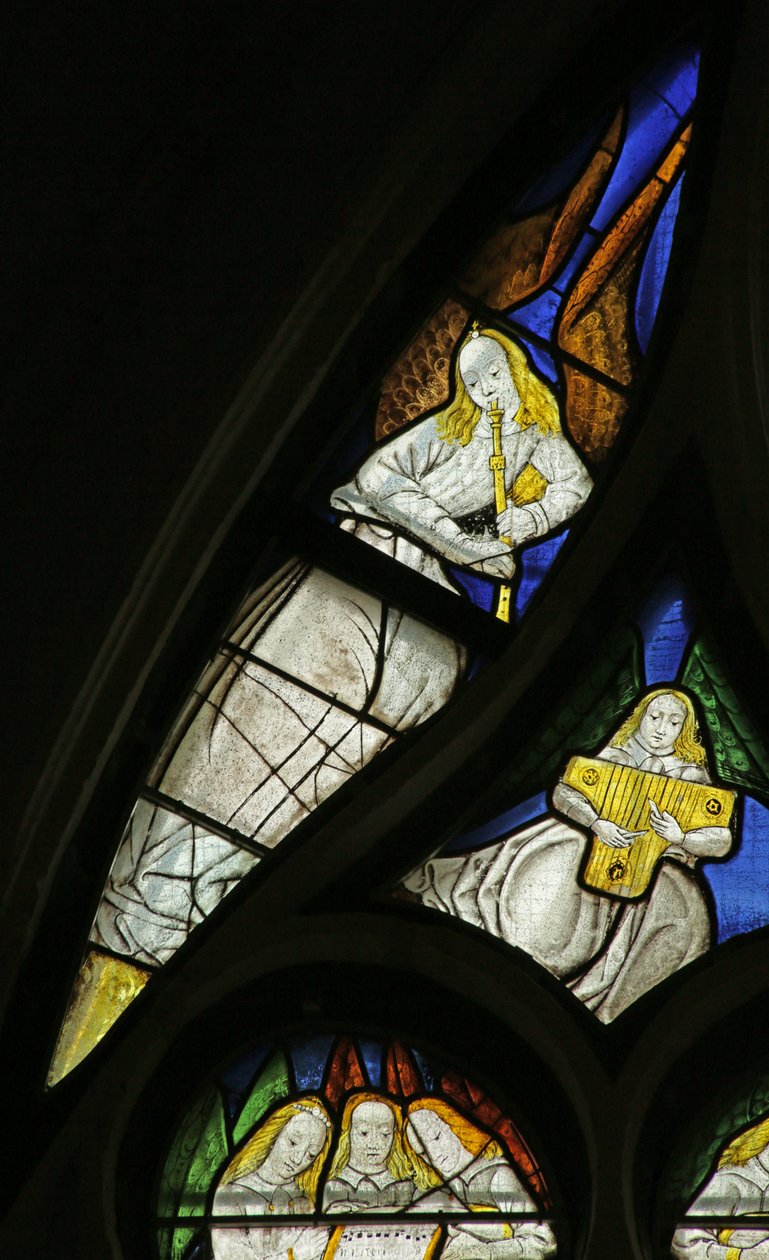 Janela representando Angel Musician com Flauta e Cítara (vidro manchado) de French School