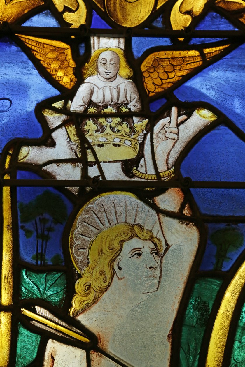 Janela retratando Angel colocando uma coroa na cabeça de São Sebastião em seu martírio de French School