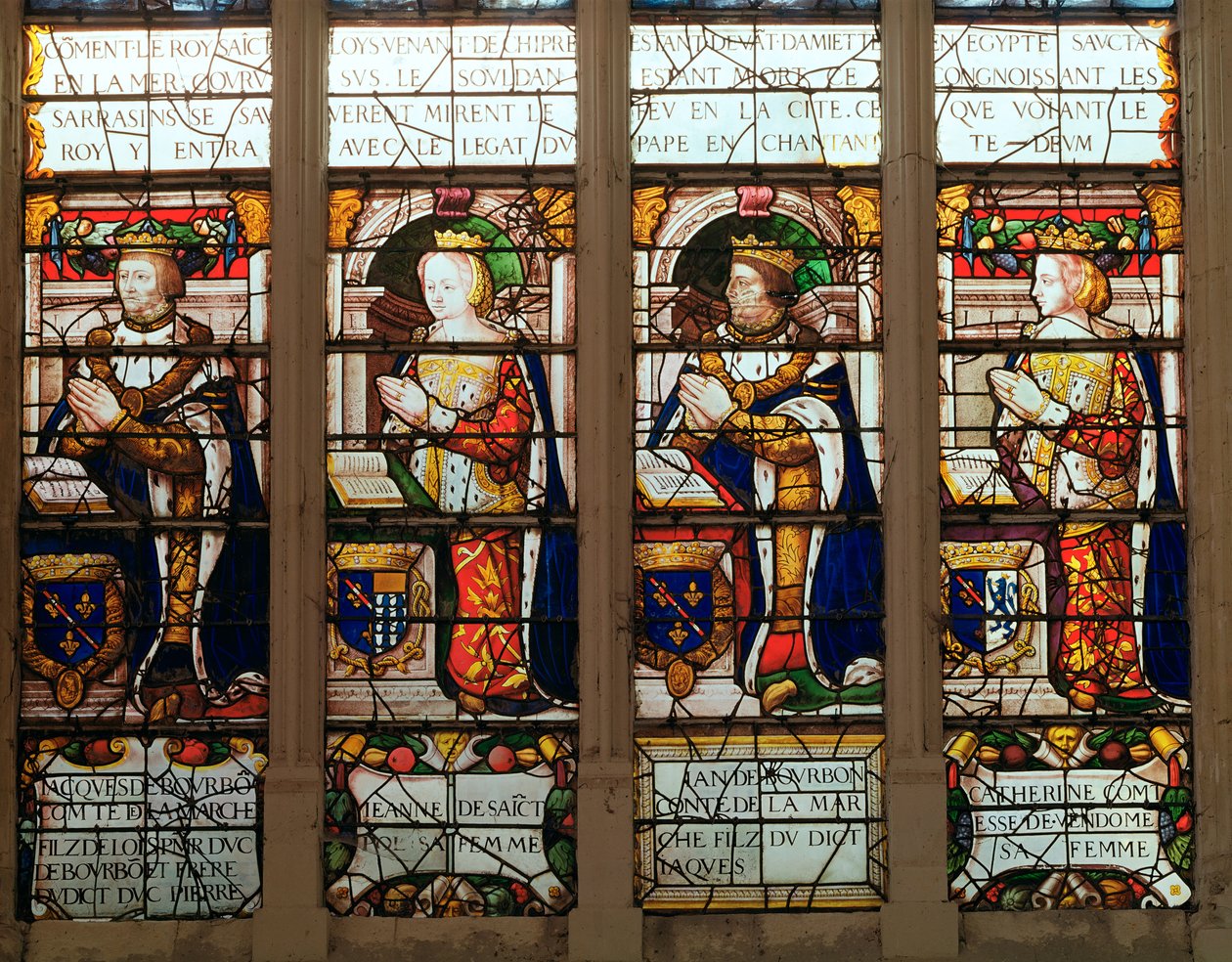 Janela retratando Jacques de Bourbon (1315-61) Conde de março, Jeanne de Châtillon-Saint-Pol (d.1371) João I de Bourbon (1361-94) e Catarina, condessa de Vendome de French School