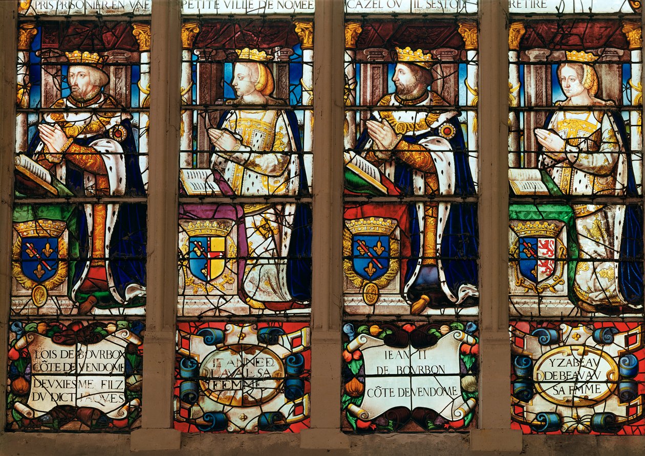 Janela representando Louis de Bourbon (1376-1446) Conde de Vendome, Jeanne de Laval (d.1468) João II de Bourbon (1446-77) Conde de Vendome e Isabelle de Beauvau (d.1474) de French School