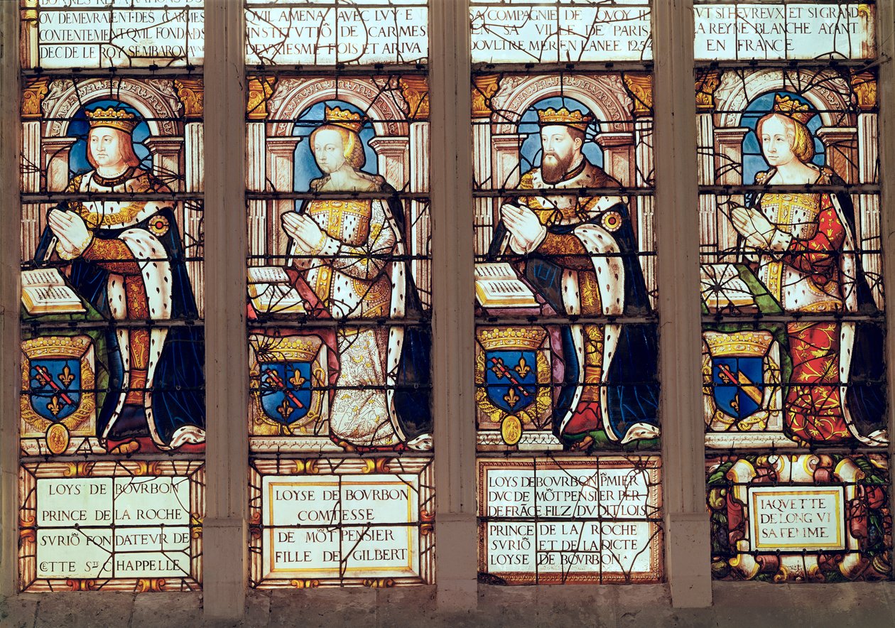 Janela representando Luís de Bourbon (1465-1520) Príncipe de La Roche-sur-Yon, Luísa de Bourbon (d.1561) Condessa de Montpensier, Luís II de Bourbon (1513-82) Duque de Montpensier e Jacquette de Longwy ( de French School