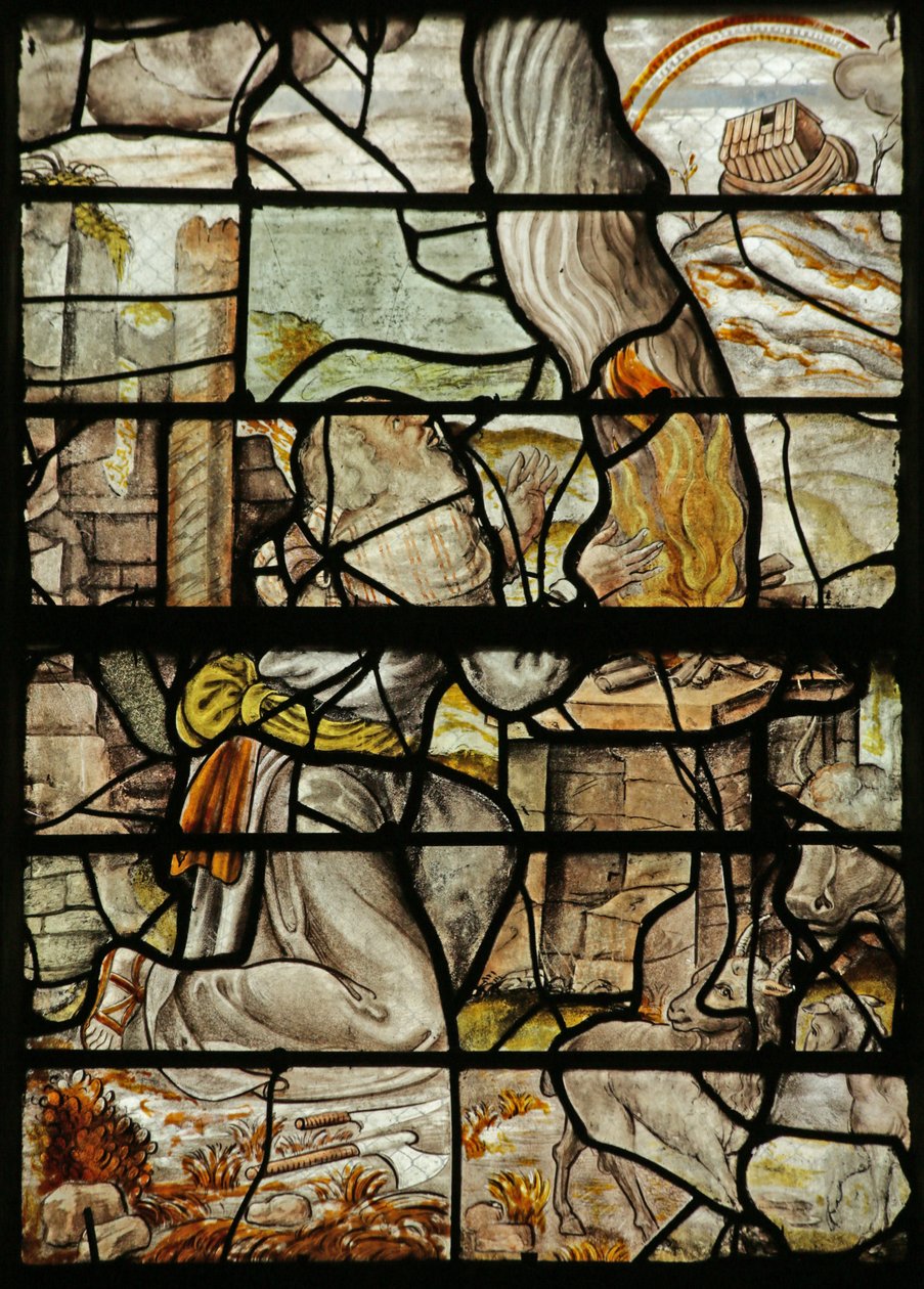 Janela representando Noé fazendo um Sacrifício, a Arca no Monte Ararat e um arco-íris (vidro manchado) de French School
