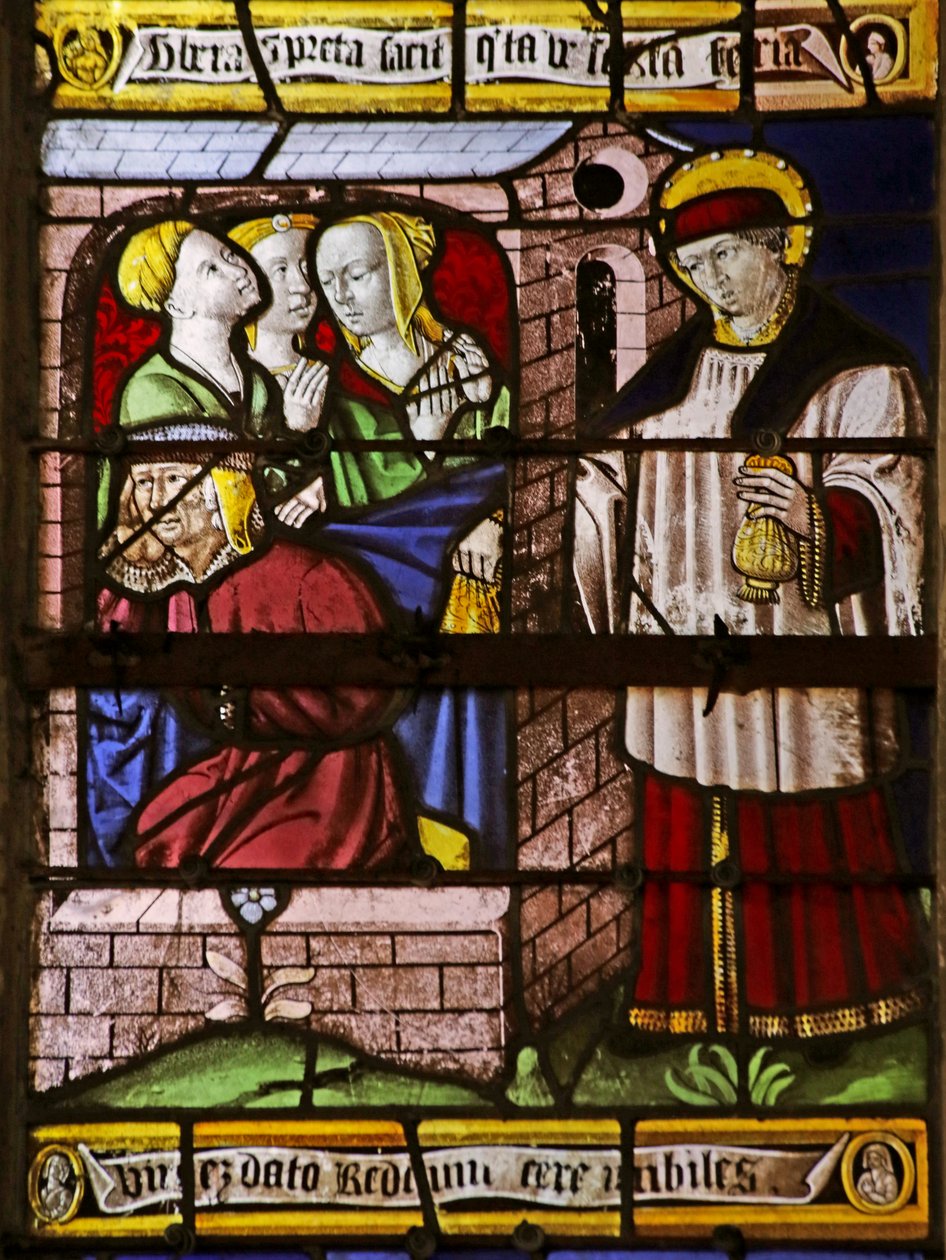 Janela que representa São Nicolau deixando dinheiro para o pai de três meninas para evitar que elas entrem em prostitusão (vitral) de French School