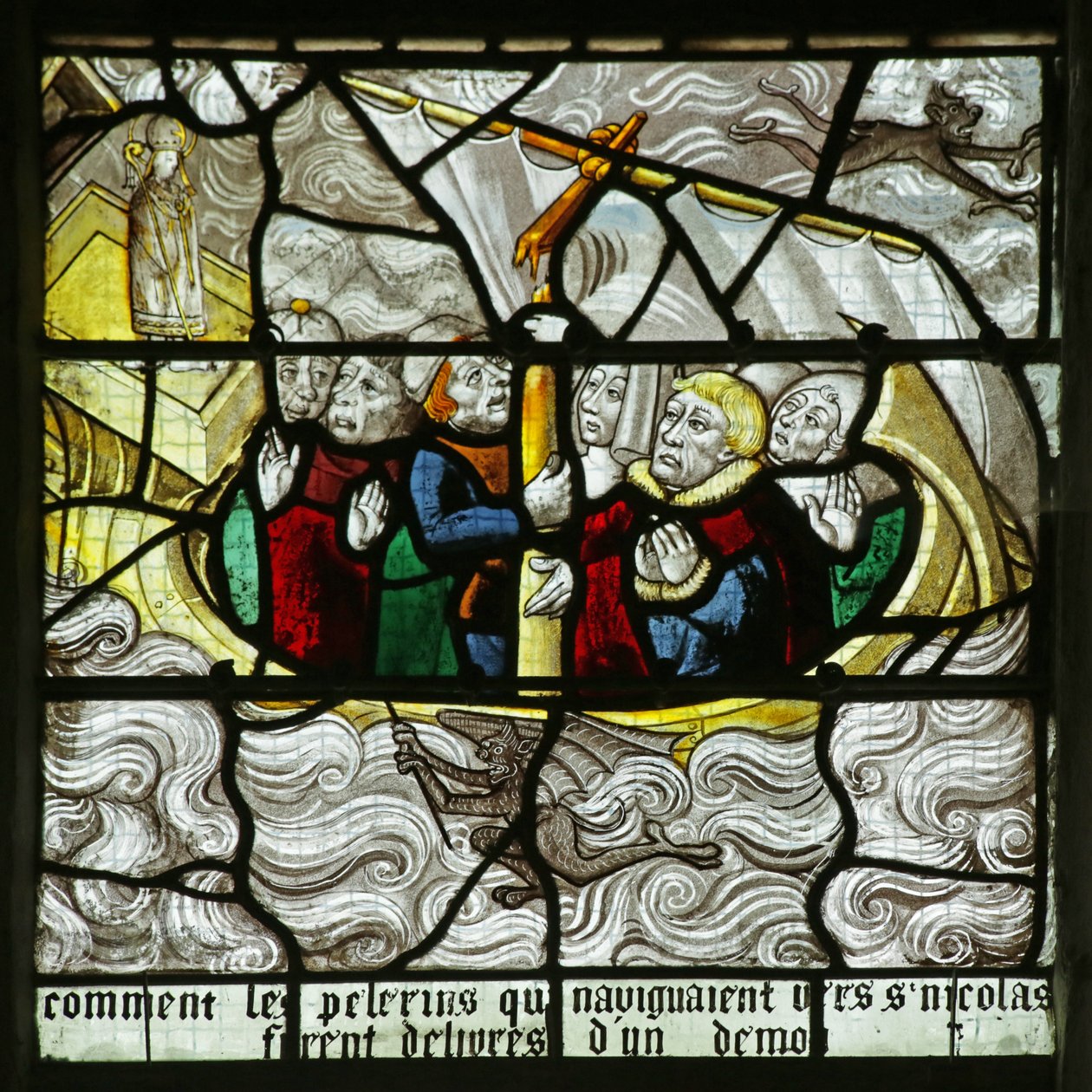 Janela que representa São Nicolau salvando os peregrinos do naufrágio em uma tempestade (vitral) de French School