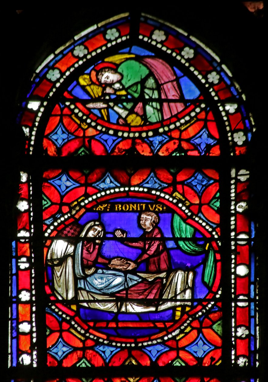 Janela retratando a cena da vida de Saint Bonnet: cura de uma mulher cega de French School