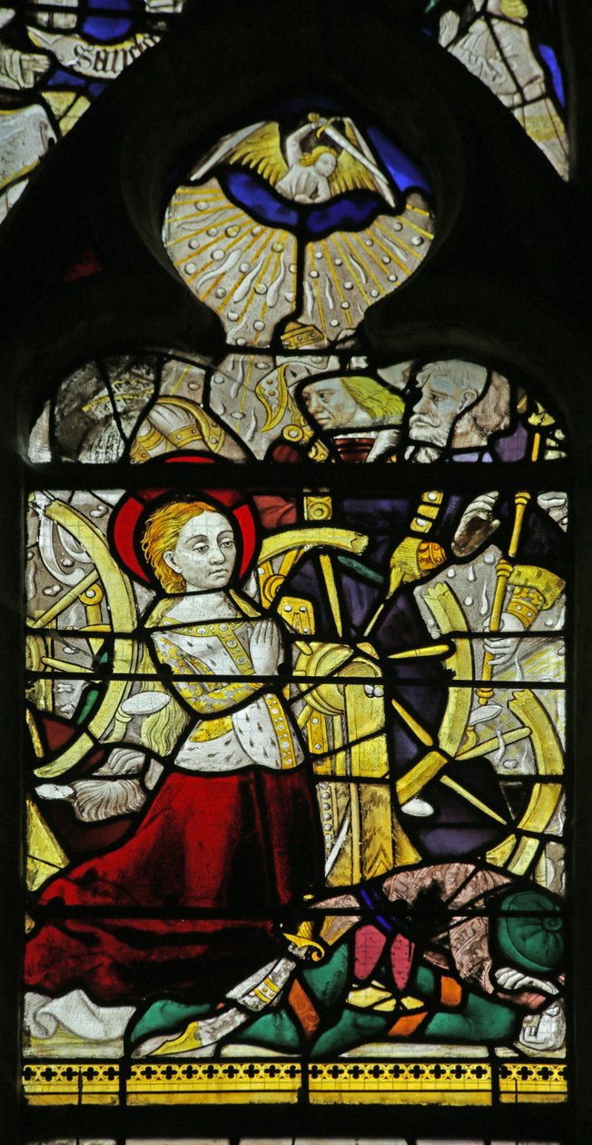 Janela retratando Santa Catarina rezando e anjos quebrando a roda jogando pedras, 1460-70 de French School