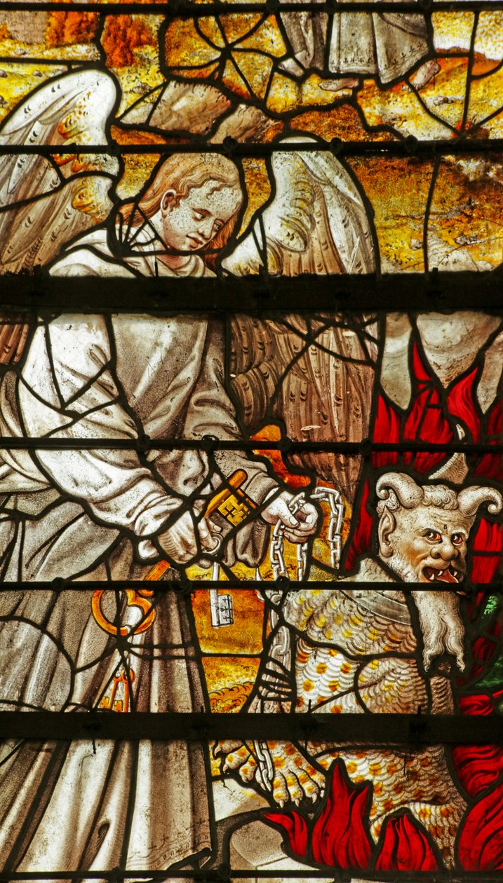 Janela que representa uma Cena do Livro do Apocalipse: Anjo com chave do poço, Satanás (vidro manchado) de French School