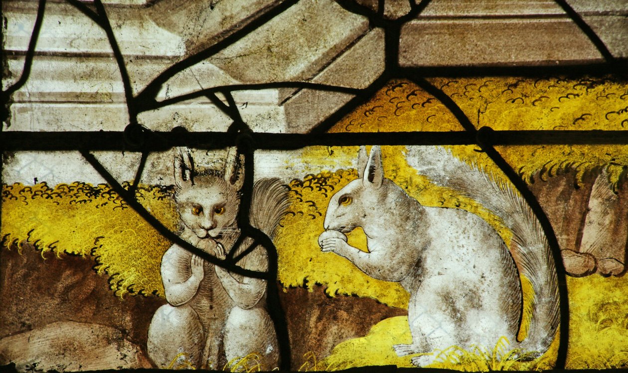 Janela representando esquilos na base da janela com a visão do Imperador AuguSaintus (vitral) de French School