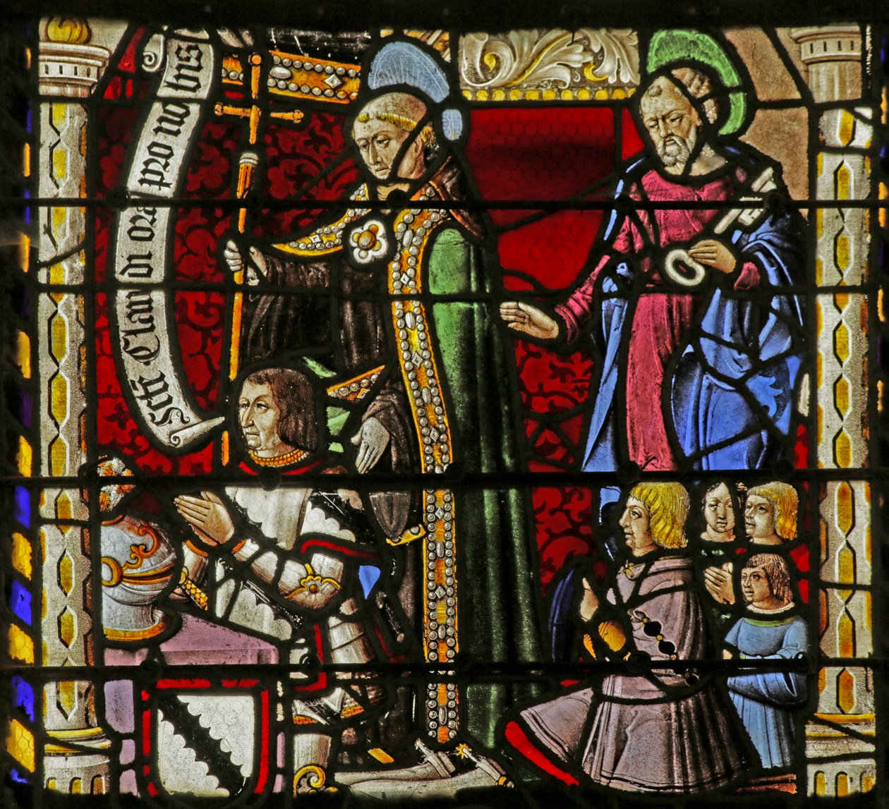 Janela retratando os doadores Claude de Crépy e filhos com São Claude e São Pedro de French School