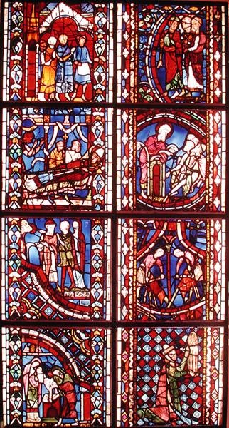 Janela retratando a lenda de São Nicolau, a morte de São Martinho, São João Batista pregando no deserto, a circuncisão de São João Batista, a lenda de Santo Estêvão, o sermão de São João B de French School