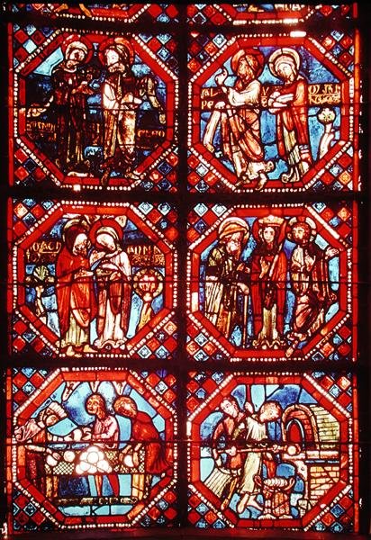 Janela retratando os pais de Cristo e os padeiros assando e vendendo pão, da abside de French School