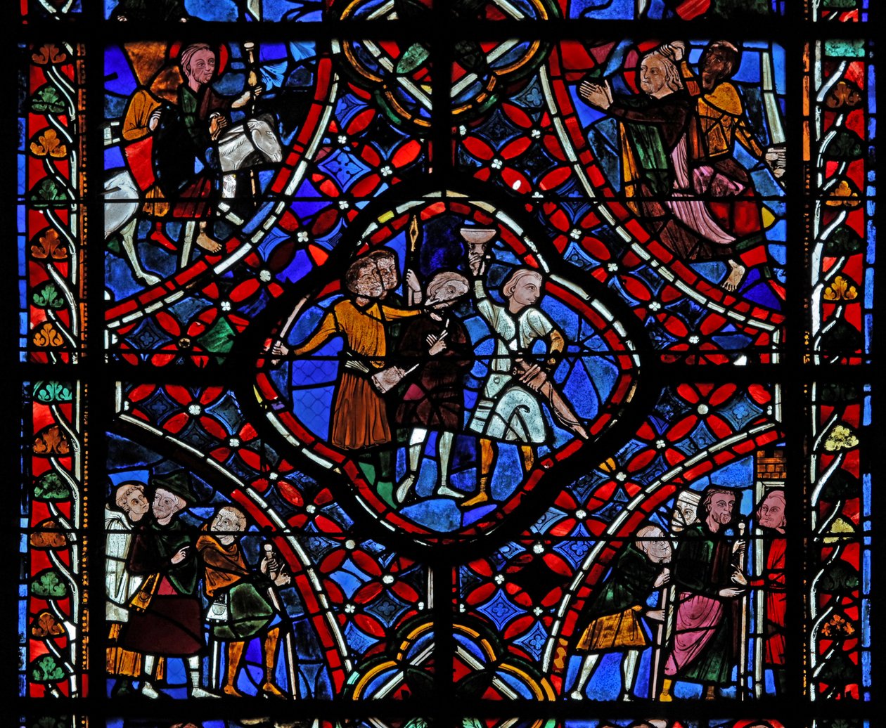 Janela representando a quarta seção da janela de St James, w5: Um grupo de peregrinos; Uma cena da lenda da taça escondida; o martírio de são n de French School