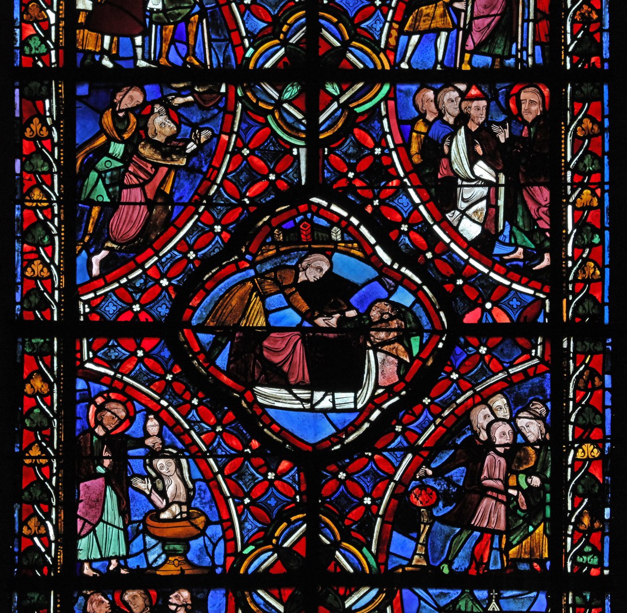 Janela retratando a terceira seção da janela de St James, w5: nem todas as cenas foram identificadas, mas um batismo pode ser visto e possivelmente o martírio do santo de French School