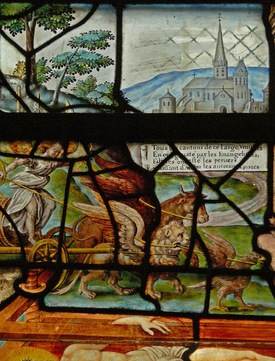 Janela no Charnier (w.11) representando um detalhe do Mystic Wine Press de French School