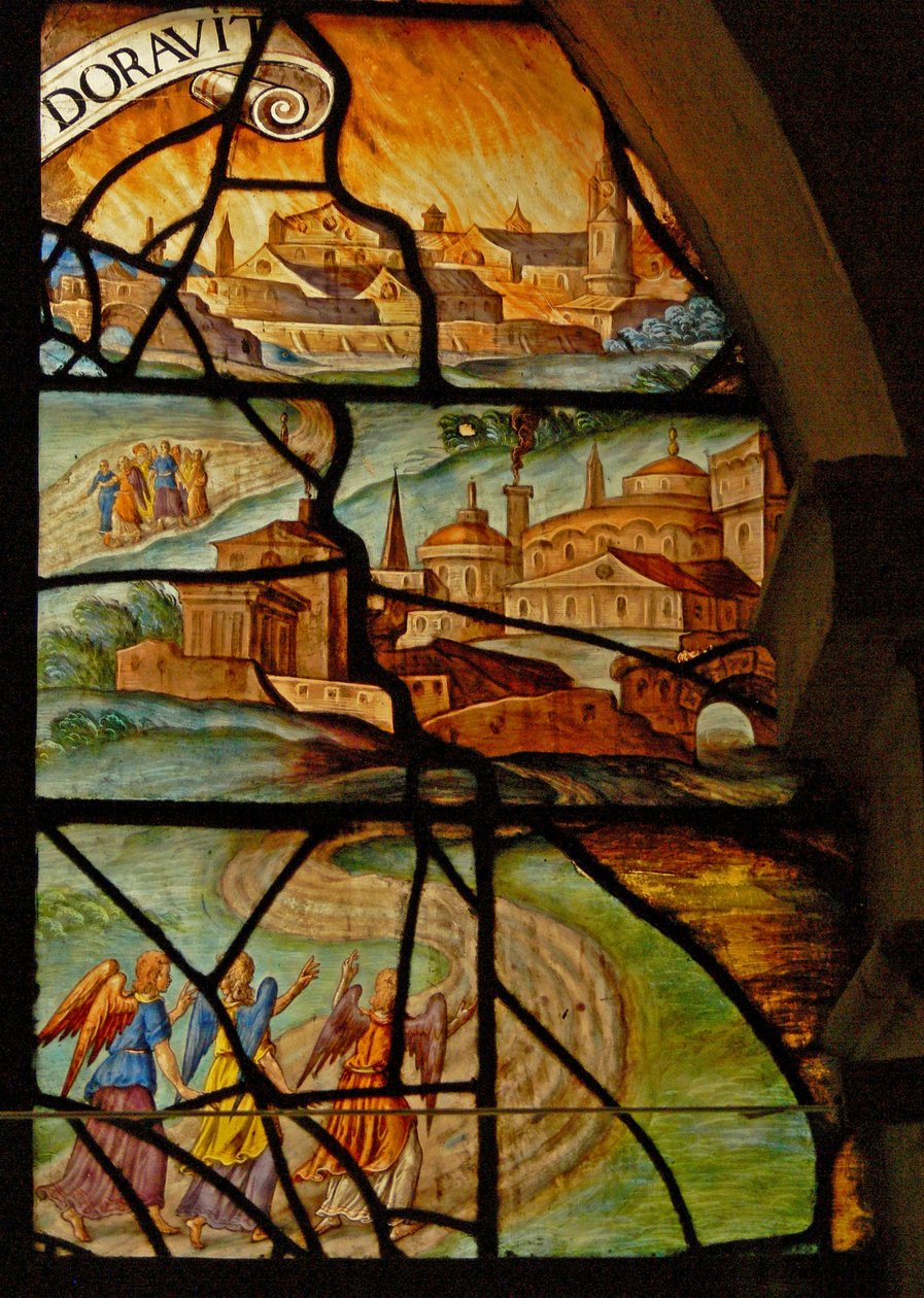 Janela no Charnier (w.13) retratando duas cenas: Matar o porco: Abraão sendo visitado por 3 anjos (vidro manchado) de French School
