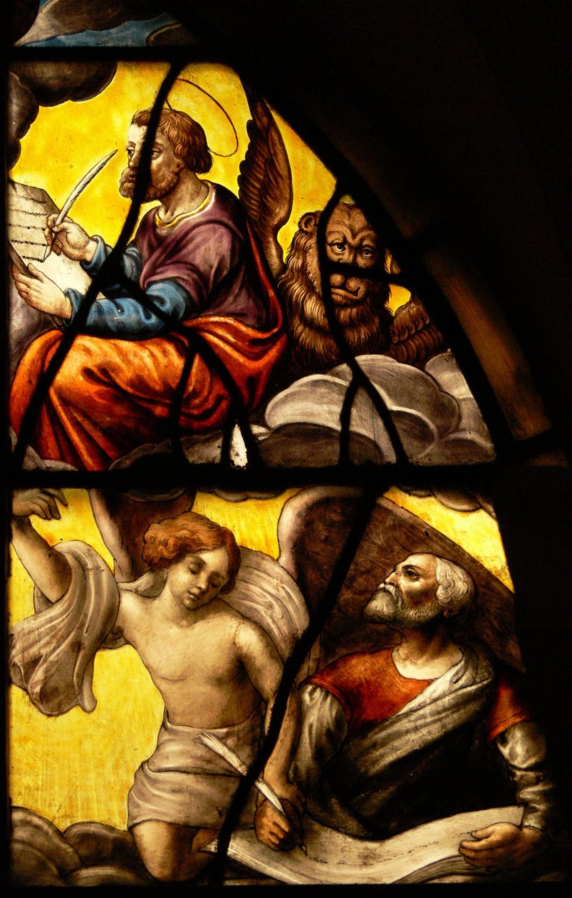Janela no Charnier (w.2) representando um detalhe do milagre da hóstia: São Marcos e São Mateus de French School