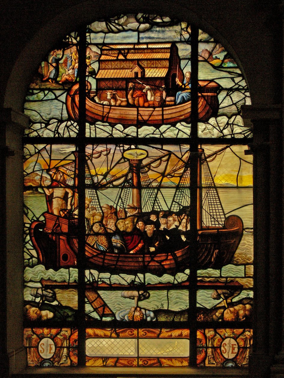 Janela no Charnier (w.3) representando a história da Arca de Noé e A Igreja com Cristo e os Fiéis de French School