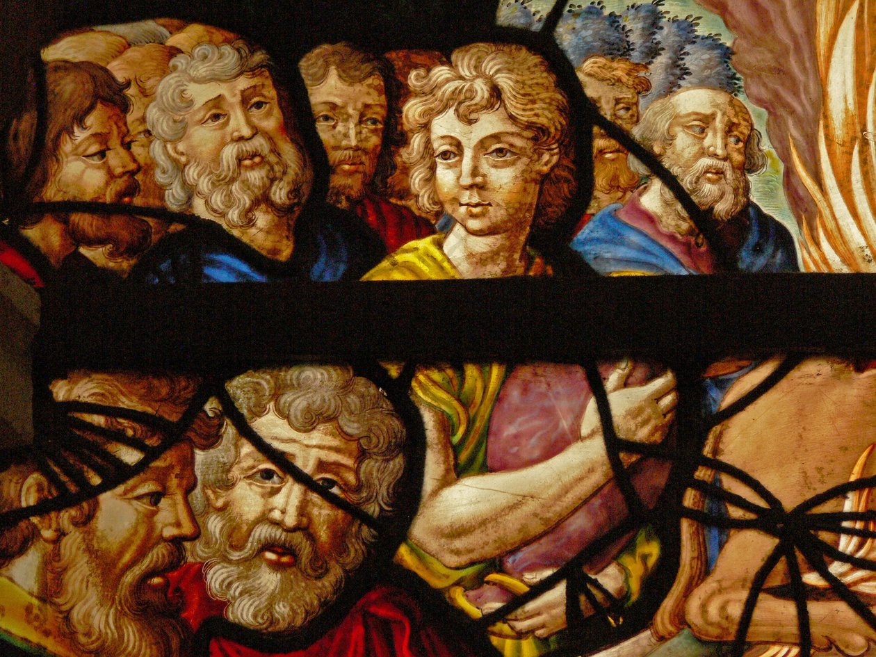 Janela no Charnier (w.8) representando um detalhe do sacrifício de Elias; os sacerdotes de Baal de French School
