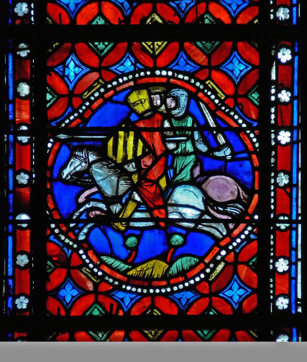 Janela s1-R representando uma cena da viagem de São Capelas a Roma e aventuras; Pavia é sitiada de French School