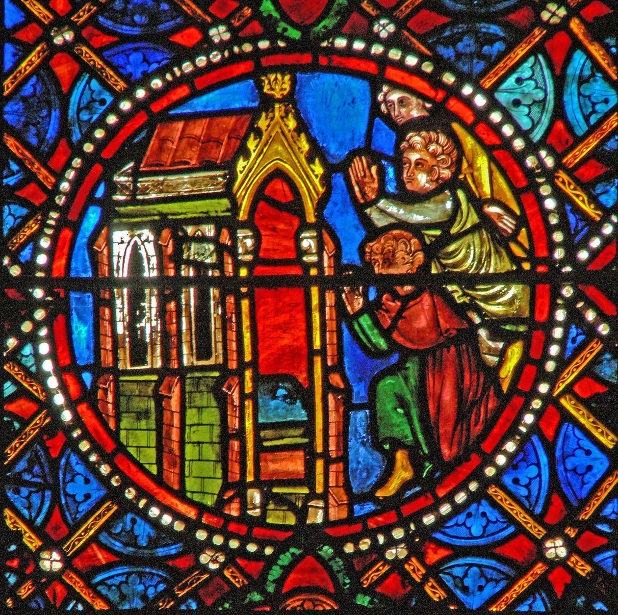 Janela s4 representando o túmulo de St Agathas com peregrinos de longe e de largura de French School