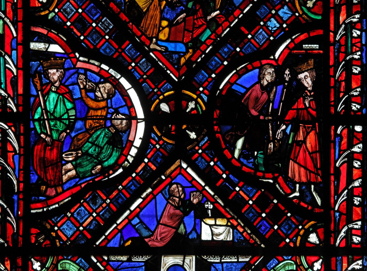 Janela w03 retratando cenas da lenda de São João, incluindo o santo e o copo envenenado de French School