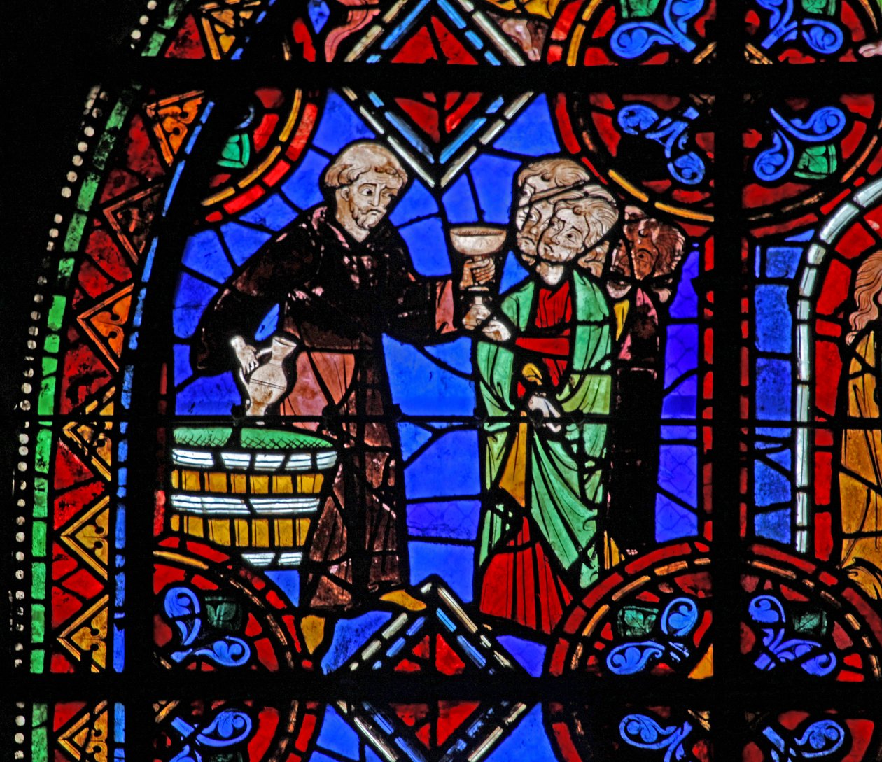 Janela w06 retratando peregrinos no túmulo de St Julian de Brioude onde o vinho é distribuído de French School