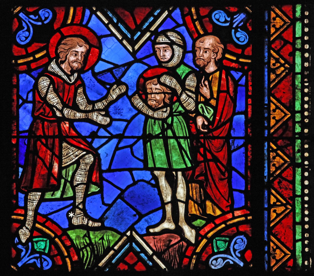 Janela w06 representando St Julian de Brioude história - St Ferreol, um amigo de Julien, que morreu durante as perseguições de Diocleciano, recebe Brioudes cabeça após sua execução de French School