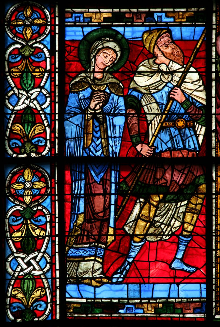 Janela w0 representando a Virgem Maria e o centurião Longinius de French School