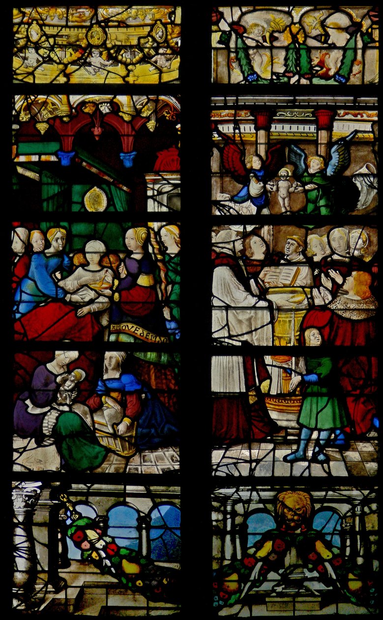 Janela w107 retratando cenas da vida de São Claude: seu nascimento e batismo de French School