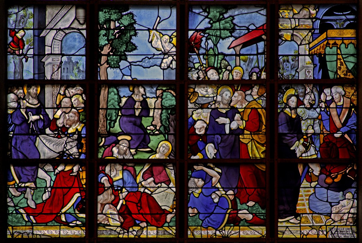 Janela w10 representando 4 cenas: a entrada em Jerusalém, em Gethsemene, a traição, antes de Caifás de French School