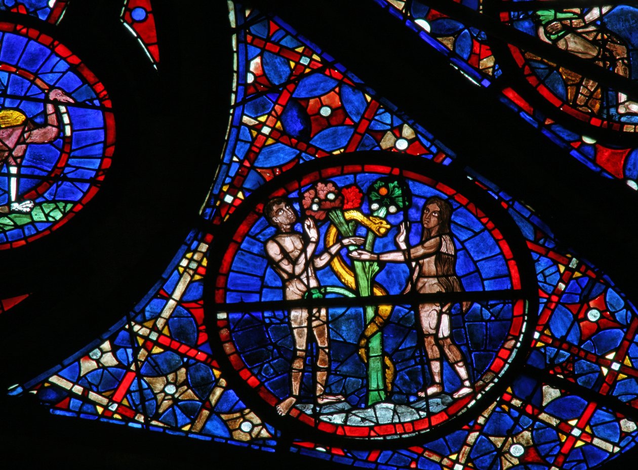 Janela w115 retratando a história de Adão e Eva: as serpentes da serpente de French School