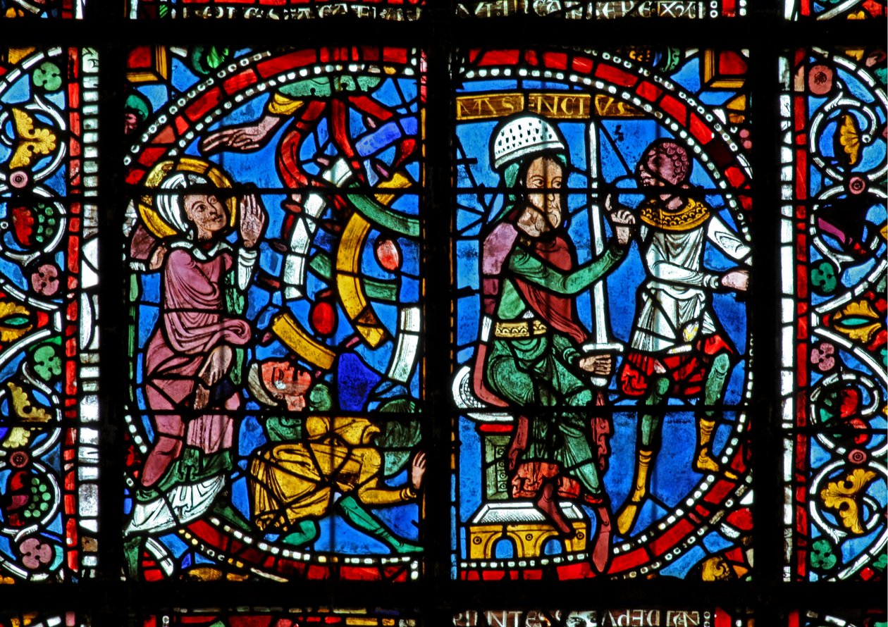 Janela w125 retratando uma cena da vida de Santa Catarina: Maxence ordena que ela seja quebrada na roda de French School