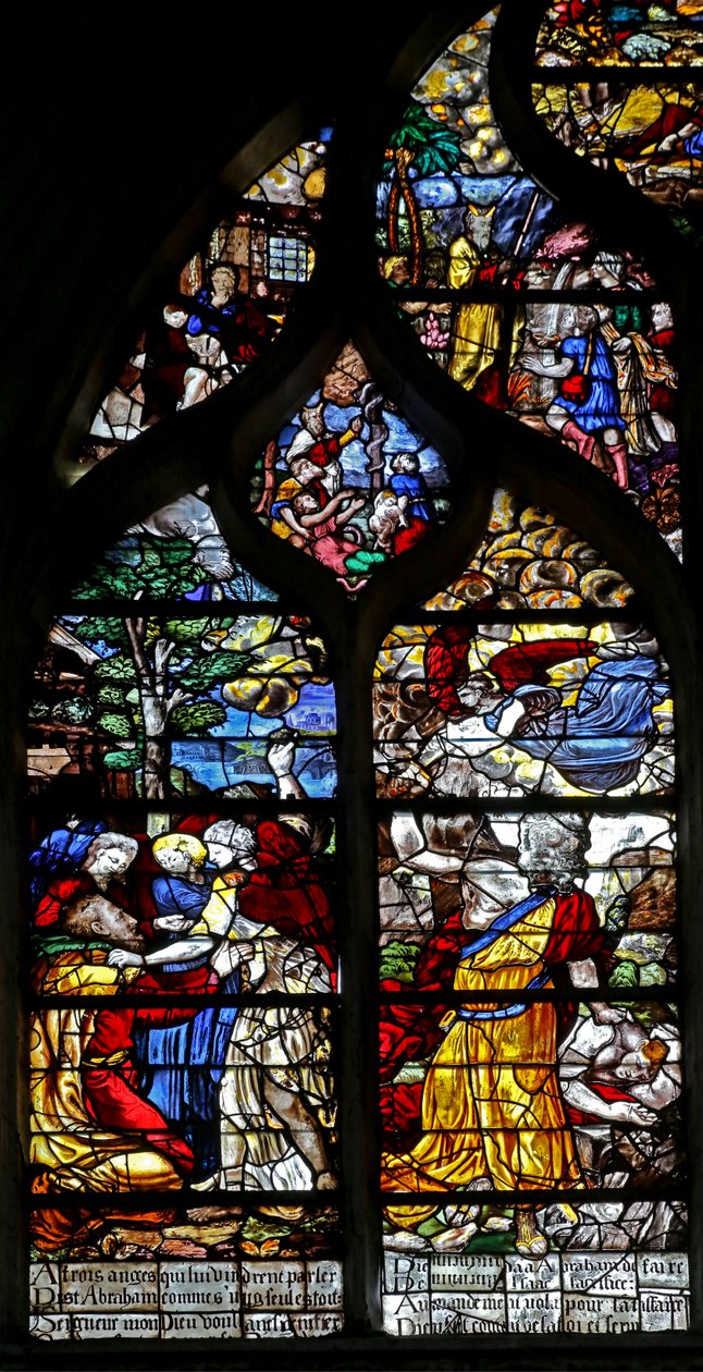 Janela w126 representando Abraham recebe três visitantes; Abraão tenta sacrificar Isaac de French School