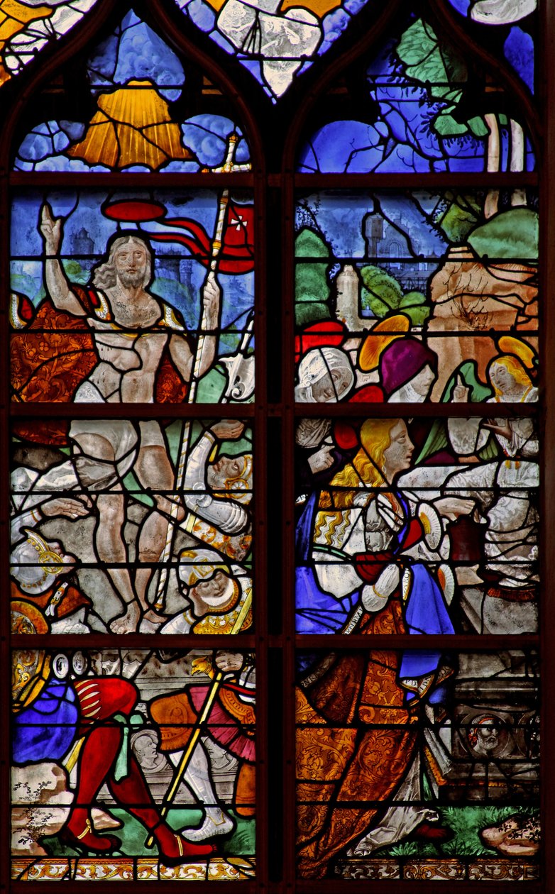 Janela w12 representando uma cena de ressurreição: as mulheres sagradas no túmulo de French School