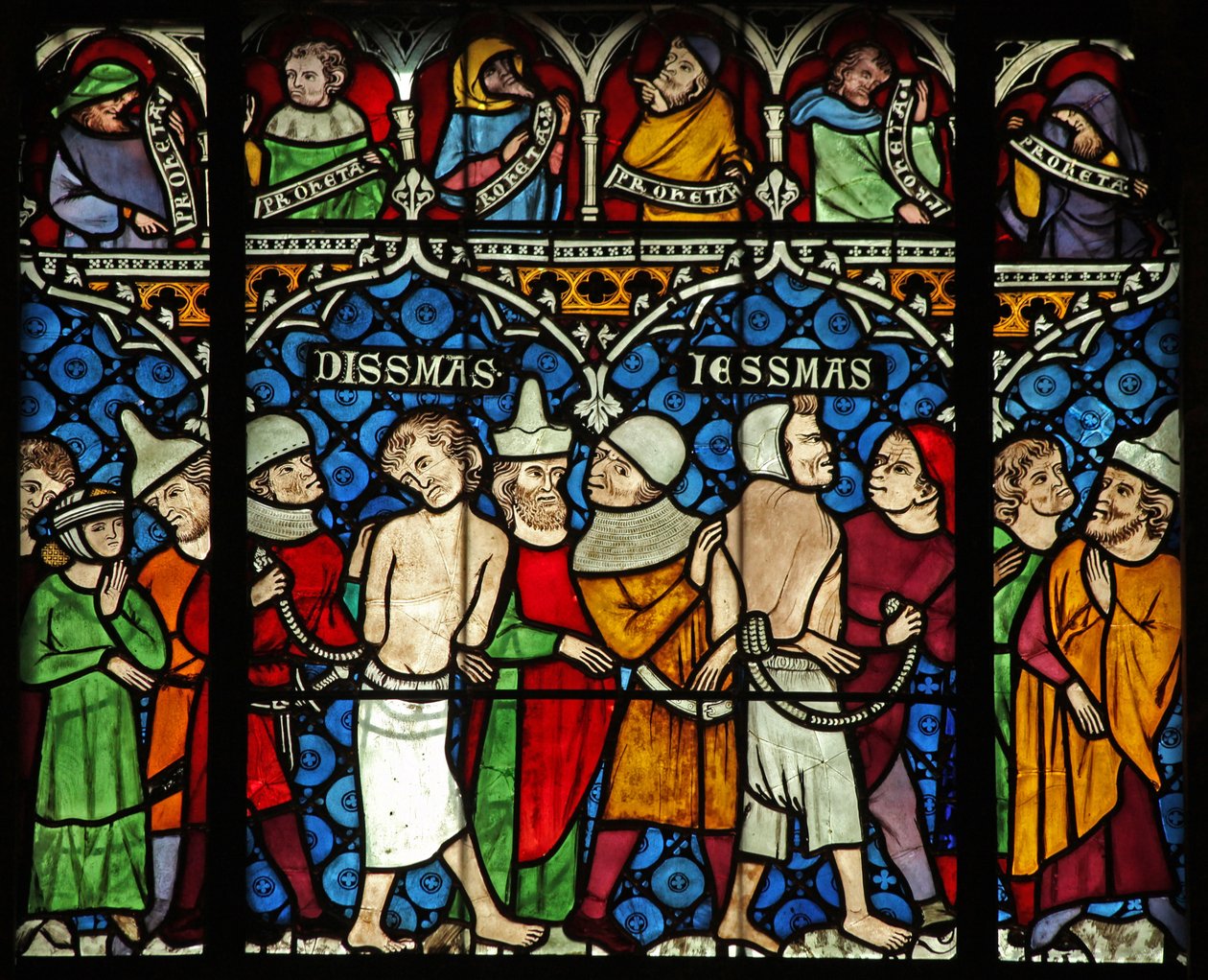 Janela w12 representando dois ladrões são selecionados para serem crucificados com Jesus de French School