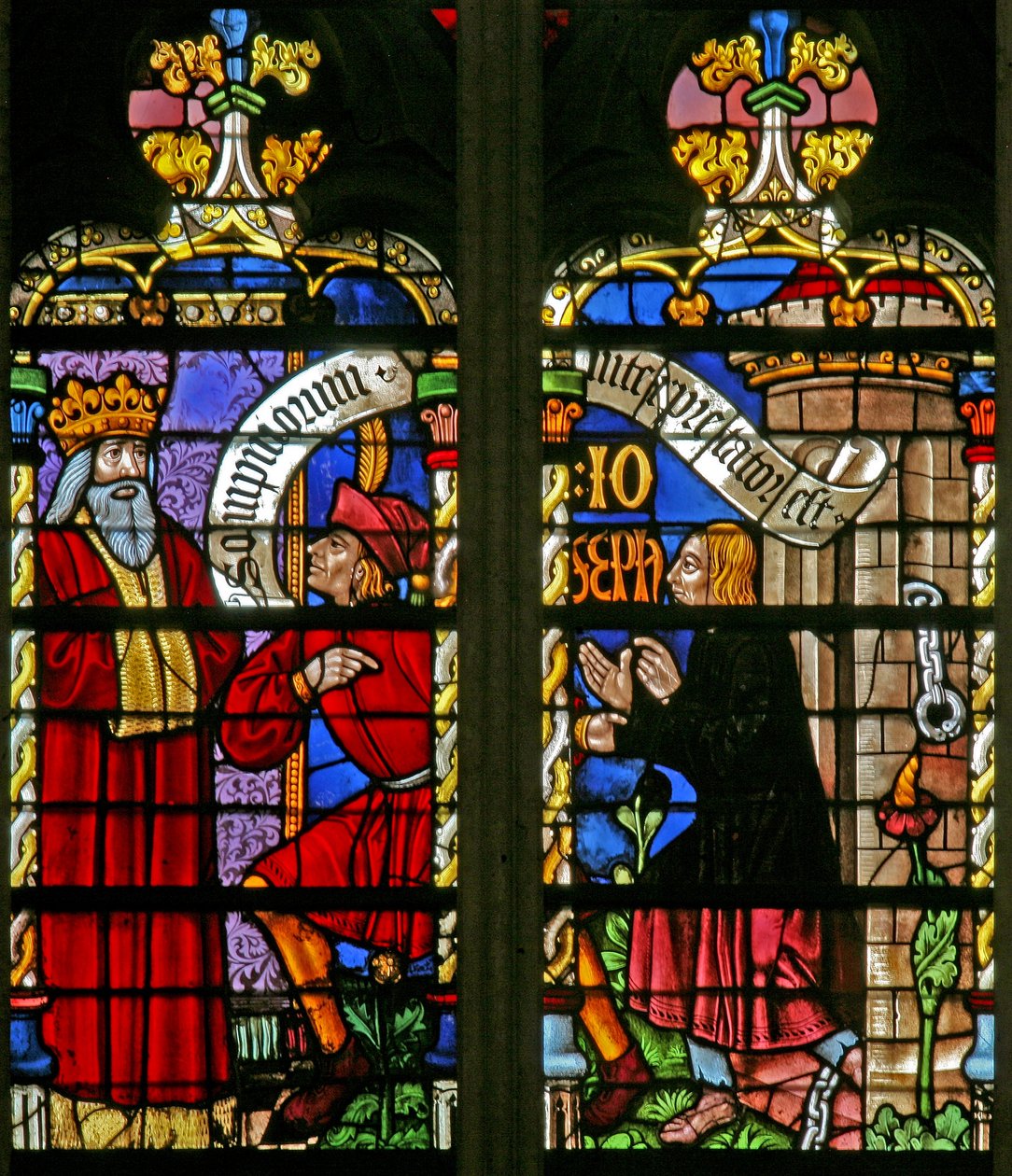 Janela w134 retratando uma cena da história de José: o sonho dos faraós; José interpreta; os magos na prisão de French School