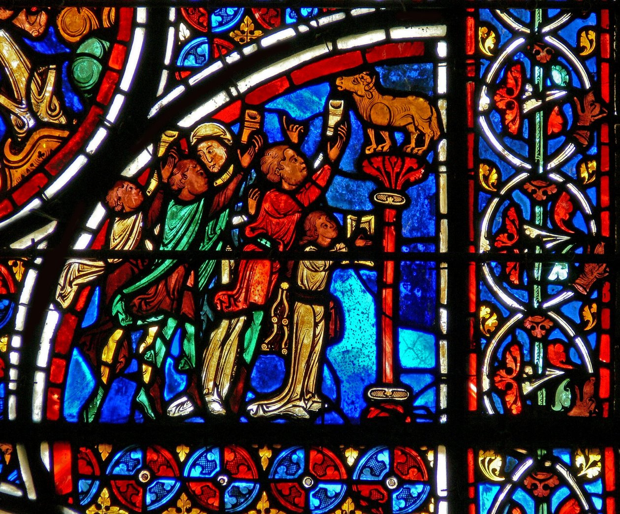 Janela w13 representando os israelitas adorando o bezerro de ouro de French School