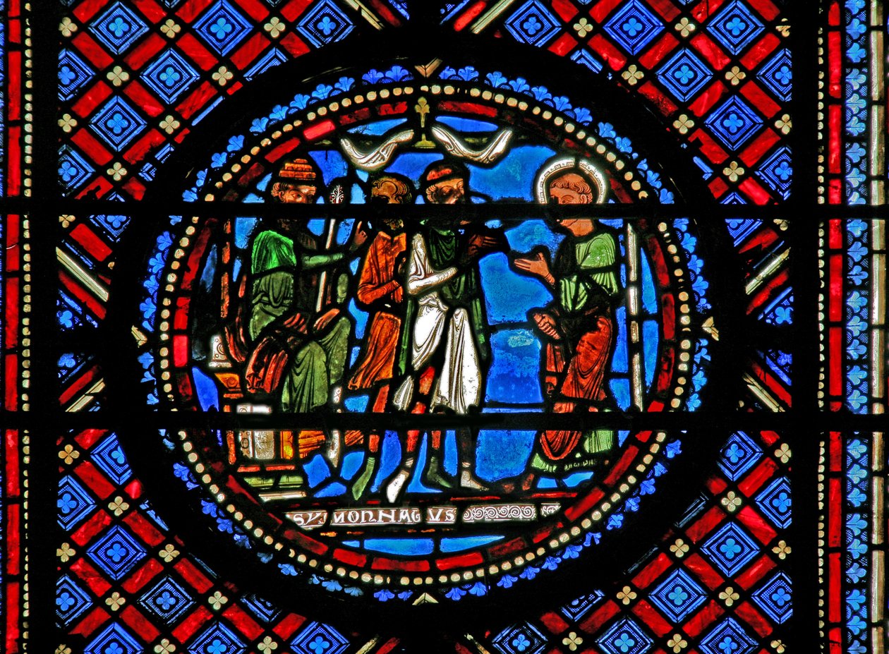 Janela w14 representando Simon Magus e St Peter antes de Herod de French School